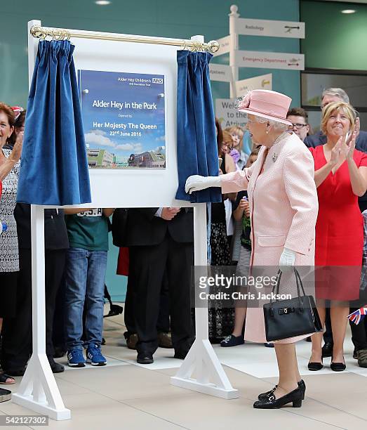 Queen Elizabeth II officially opens Alder Hey Children's Hospital during a visit to Liverpool on June 22, 2016 in Liverpool, England.