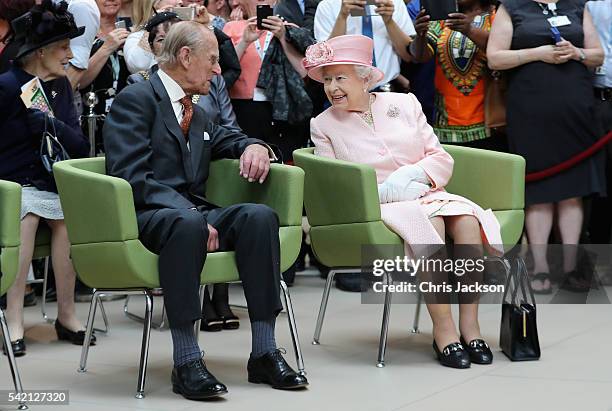 Prince Philip, Duke of Edinburgh and Queen Elizabeth II visit Alder Hey Children's Hospital during a visit to Liverpool on June 22, 2016 in...