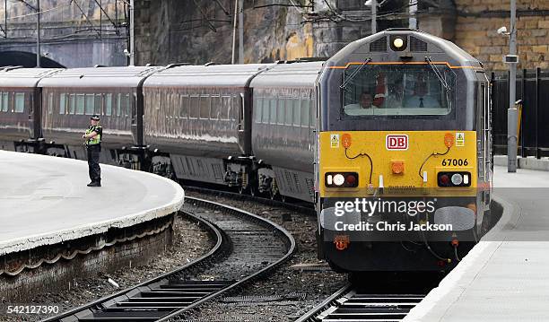 The train which is carrying Queen Elizabeth II and Prince Philip, Duke of Edinburgh arrives at Liverpool Lime Street Station on June 22, 2016 in...