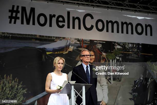 Actors Gillian Anderson and Bill Nighy on stage during a memorial event for murdered Labour MP Jo Cox at Trafalger Square on June 22, 2016 in London,...