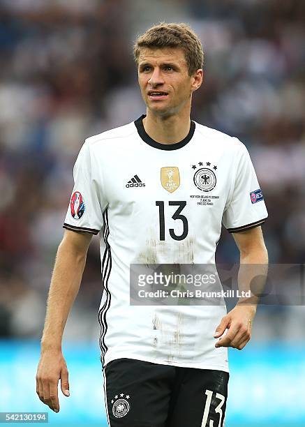 Thomas Muller of Germany looks on during the UEFA Euro 2016 Group C match between the Northern Ireland and Germany at Parc des Princes on June 21,...