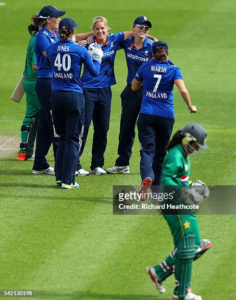 Katherine Brunt of England celebrates taking the wicket of Bismah Maroof of Pakistan during the second Women's Royal London ODI match between England...