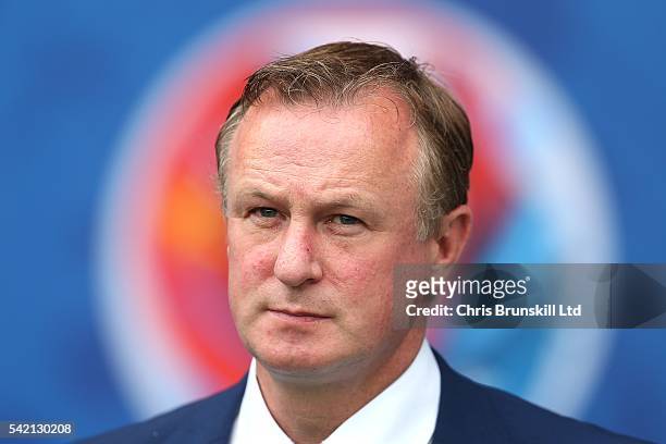 Northern Ireland manager Michael O'Neill looks on during the UEFA Euro 2016 Group C match between the Northern Ireland and Germany at Parc des...