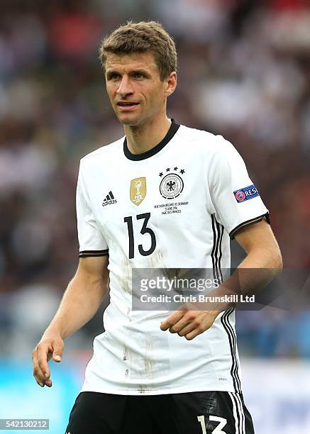 Thomas Muller of Germany looks on during the UEFA Euro 2016 Group C match between the Northern Ireland and Germany at Parc des Princes on June 21,...