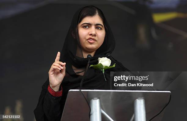 Human rights campaigner Malala Yousafzai delivers a speech on stage during a memorial event for murdered Labour MP Jo Cox at Trafalger Square on June...