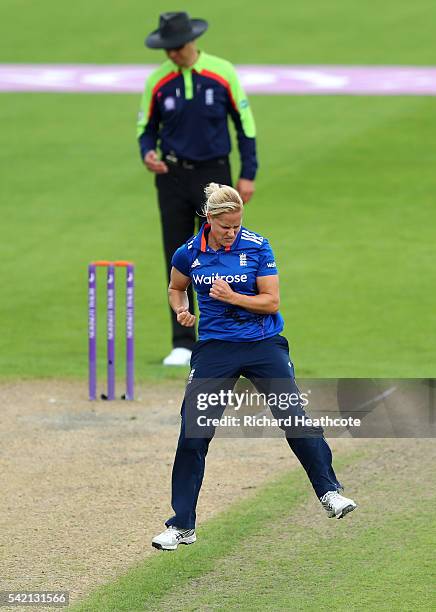 Katherine Brunt of England celebrates taking the wicket of Sidra Nawaz of Pakistan during the second Women's Royal London ODI match between England...