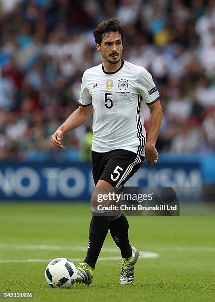 Mats Hummels of Germany in action during the UEFA Euro 2016 Group C match between the Northern Ireland and Germany at Parc des Princes on June 21,...