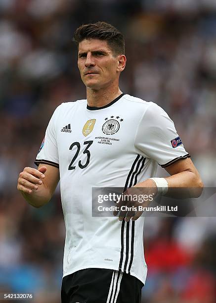 Mario Gomez of Germany looks on during the UEFA Euro 2016 Group C match between the Northern Ireland and Germany at Parc des Princes on June 21, 2016...