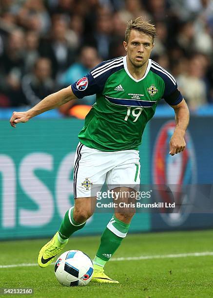 Jamie Ward of Northern Ireland in action during the UEFA Euro 2016 Group C match between the Northern Ireland and Germany at Parc des Princes on June...