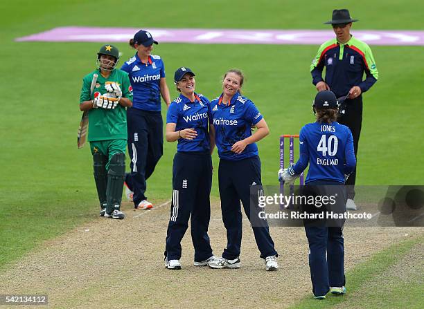 Anya Shrubsole of England celebrates taking the wicket of Maham Tariq of Pakistan to seal victory during the second Women's Royal London ODI match...