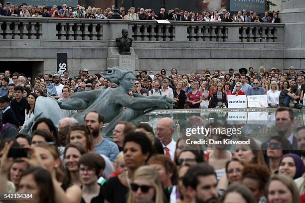 Crowd of people attend a memorial event for murdered Labour MP Jo Cox at Trafalger Square on June 22, 2016 in London, United Kingdom. On what would...