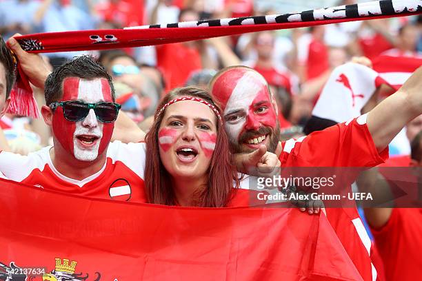 Austria fans support their team during the UEFA EURO 2016 Group F match between Iceland and Austria at Stade de France on June 22, 2016 in Paris,...
