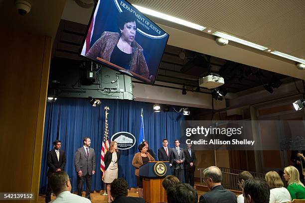 Attorney General Loretta E. Lynch speaks a press conference joined by other law enforcement officials on June 22, 2016 in Washington, DC. Deputy...