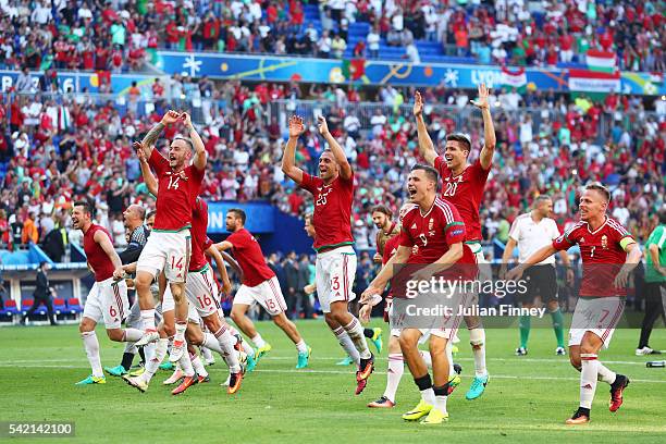 Hungary players celerbate winning the group F and going through to the knock-out stage after their 3-3 draw in the UEFA EURO 2016 Group F match...