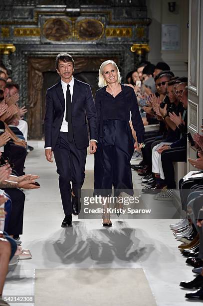Creative Directors Pier Paolo Piccioli and Maria Grazia Chiuri acknowledge the audience during the runway during the Valentino Menswear Spring/Summer...