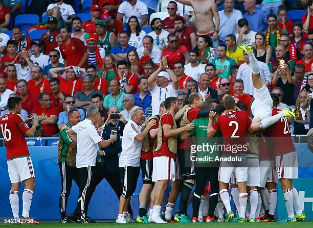 Players of Hungary celebrate scoring a goal during the UEFA EURO 2016 Group F match between Hungary and Portugal at Stade de Lyon, in Lyon, France on...