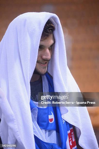Italian player Alessandro Gentile of Euroleague's Olimpia EA7 Armani Milan attends a practice with Italian Basketball National Team at PalaDozza on...