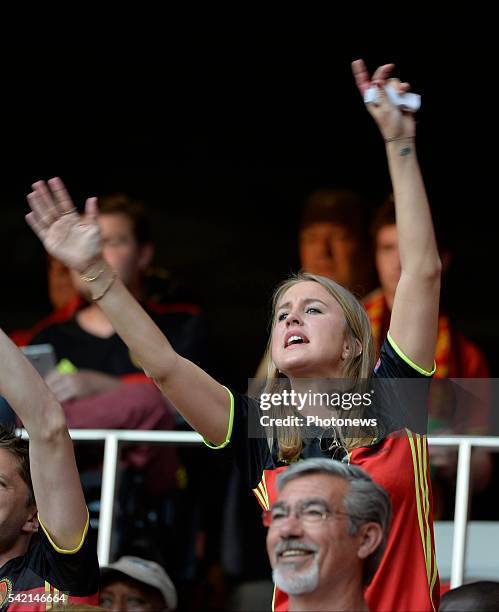 Illustration picture of Belgian fans and Katrin Kerkhofs, wife of Dries Mertens forward of Belgiumduring the UEFA EURO 2016 phase final group E match...
