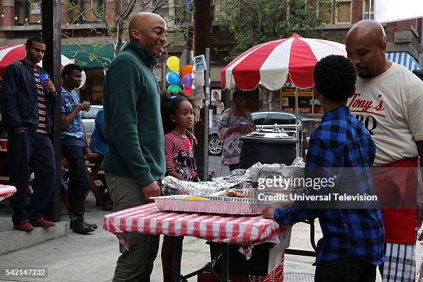 Block Party" Episode 107 -- Pictured: James Lesure as Will Russell, Aalyrah Caldwell as Maizy Russell, Thomas Miles as Tony, Sayeed Shahidi as Miles...