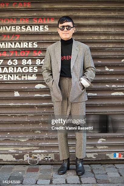 Designer Arashi Yanagawa poses wearing Arashi Yanagawa before the Facetasm show during Paris Menswear fashion week SS17 on June 22, 2016 in Paris,...