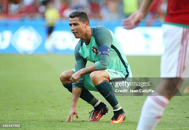 Cristiano Ronaldo of Portugal reacts during the UEFA EURO 2016 Group F match between Hungary and Portugal at Stade des Lumieres on June 22, 2016 in...