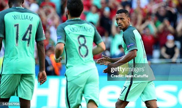 Nani of Portugal celebrates his goal during the UEFA EURO 2016 Group F match between Hungary and Portugal at Stade des Lumieres on June 22, 2016 in...