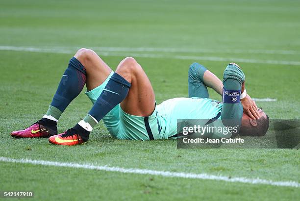 Cristiano Ronaldo of Portugal reacts during the UEFA EURO 2016 Group F match between Hungary and Portugal at Stade des Lumieres on June 22, 2016 in...