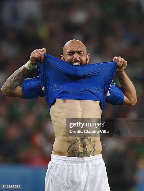 Simone Zaza of Italy reacts after missing a chance during the UEFA EURO 2016 Group E match between Italy and Republic of Ireland at Stade...