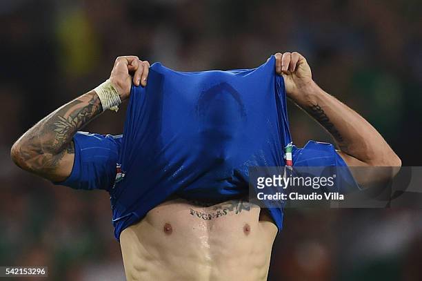 Simone Zaza of Italy reacts after missing a chance during the UEFA EURO 2016 Group E match between Italy and Republic of Ireland at Stade...