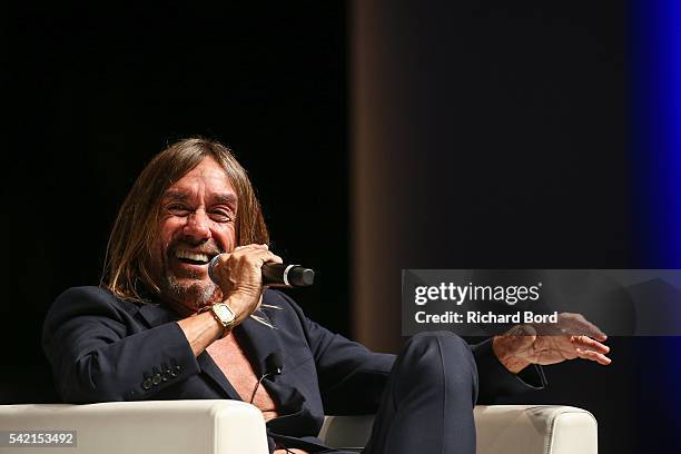 Iggy Pop speaks to Nils Leonard, Chairman and Chief Creative Officer of Grey London, during the 'Do Not Go Gentle' seminar hosted by Grey during The...