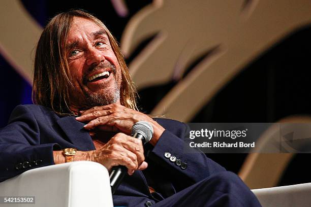 Iggy Pop speaks to Nils Leonard, Chairman and Chief Creative Officer of Grey London, during the 'Do Not Go Gentle' seminar hosted by Grey during The...