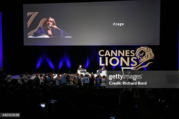 Iggy Pop speaks to Nils Leonard, Chairman and Chief Creative Officer of Grey London, during the 'Do Not Go Gentle' seminar hosted by Grey during The...