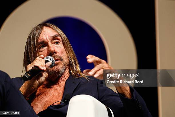 Iggy Pop speaks to Nils Leonard, Chairman and Chief Creative Officer of Grey London, during the 'Do Not Go Gentle' seminar hosted by Grey during The...