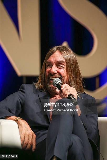 Iggy Pop speaks to Nils Leonard, Chairman and Chief Creative Officer of Grey London, during the 'Do Not Go Gentle' seminar hosted by Grey during The...