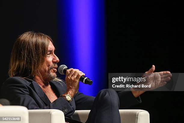 Iggy Pop speaks to Nils Leonard, Chairman and Chief Creative Officer of Grey London, during the 'Do Not Go Gentle' seminar hosted by Grey during The...