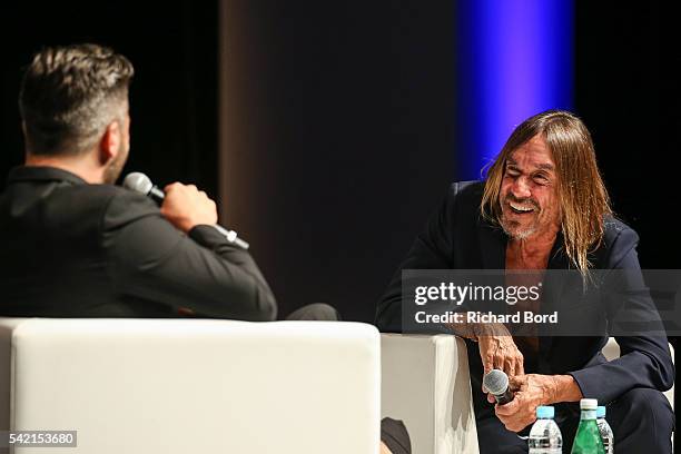 Iggy Pop speaks to Nils Leonard, Chairman and Chief Creative Officer of Grey London, during the 'Do Not Go Gentle' seminar hosted by Grey during The...