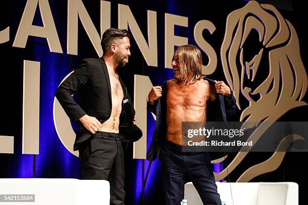 Nils Leonard, Chairman and Chief Creative Officer of Grey London, and Iggy Pop go topless after the 'Do Not Go Gentle' seminar hosted by Grey during...