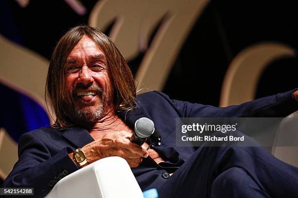 Iggy Pop speaks to Nils Leonard, Chairman and Chief Creative Officer of Grey London, during the 'Do Not Go Gentle' seminar hosted by Grey during The...