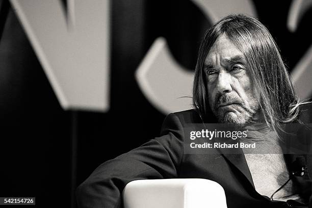 Iggy Pop speaks to Nils Leonard, Chairman and Chief Creative Officer of Grey London, during the 'Do Not Go Gentle' seminar hosted by Grey during The...