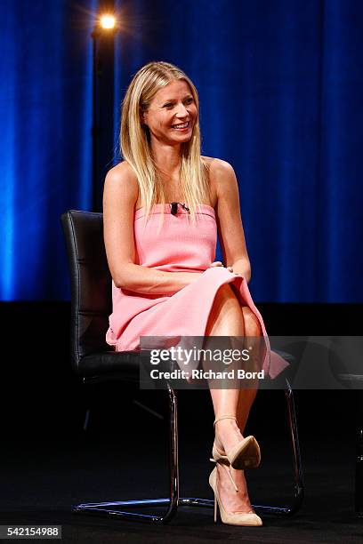 Actress Gwyneth Paltrow is interviewed by Stephen Sackur during a special live-recording 'Hard Talk' hosted by BBC World News during The Cannes Lions...