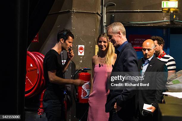 Actress Gwyneth Paltrow and Stephen Sackur are seen backstage before a special live-recording 'Hard Talk' hosted by BBC World News during The Cannes...