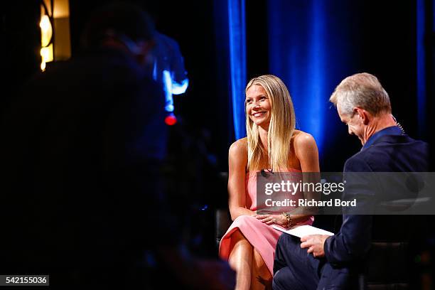 Actress Gwyneth Paltrow is interviewed by Stephen Sackur during a special live-recording 'Hard Talk' hosted by BBC World News during The Cannes Lions...