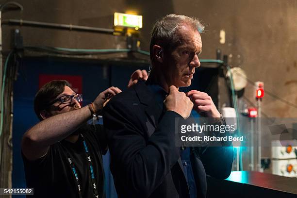 Stephen Sackur prepares backstage before a special live-recording 'Hard Talk' hosted by BBC World News during The Cannes Lions Festival 2016 on June...
