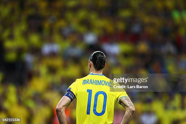 Zlatan Ibrahimovic of Sweden watches on during the UEFA EURO 2016 Group E match between Sweden and Belgium at Allianz Riviera Stadium on June 22,...