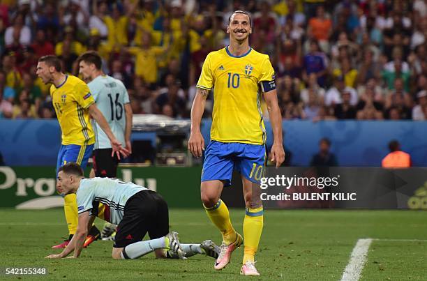 Sweden's forward Zlatan Ibrahimovic reacts during the Euro 2016 group E football match between Sweden and Belgium at the Allianz Riviera stadium in...