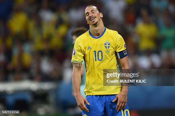 Sweden's forward Zlatan Ibrahimovic reacts during the Euro 2016 group E football match between Sweden and Belgium at the Allianz Riviera stadium in...