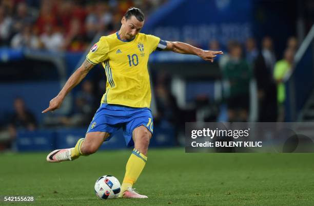 Sweden's forward Zlatan Ibrahimovic plays the ball during the Euro 2016 group E football match between Sweden and Belgium at the Allianz Riviera...