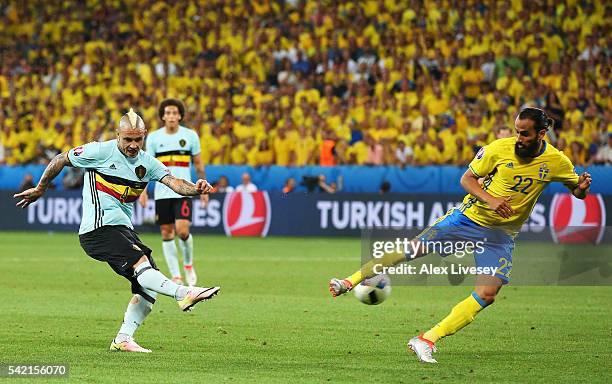 Radja Nainggolan of Belgium scores his team's first goal during the UEFA EURO 2016 Group E match between Sweden and Belgium at Allianz Riviera...