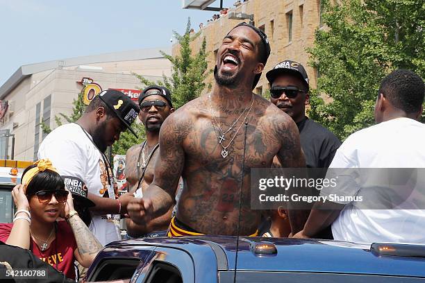 Smith of the Cleveland Cavaliers waves at fans during the Cleveland Cavaliers Victory Parade And Rally on June 22, 2016 in downtown Cleveland, Ohio....