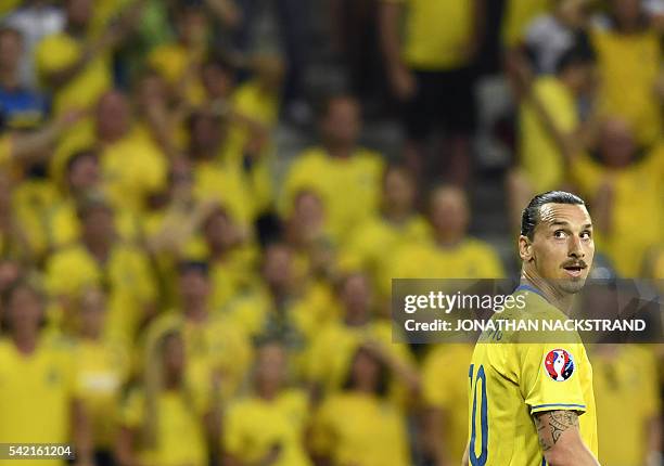 Sweden's forward Zlatan Ibrahimovic looks on during the Euro 2016 group E football match between Sweden and Belgium at the Allianz Riviera stadium in...